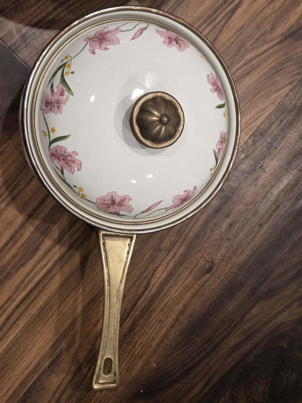 Vintage Normandy Pink Lily Enamelware Cookware Set Brass Floral 3Pc - Picture 3 of 12